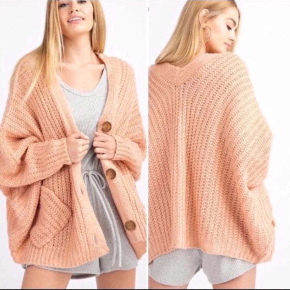 Chunky Knit Oversized Peach Sweater Cardigan β€οΈ - Picture 3 of 15